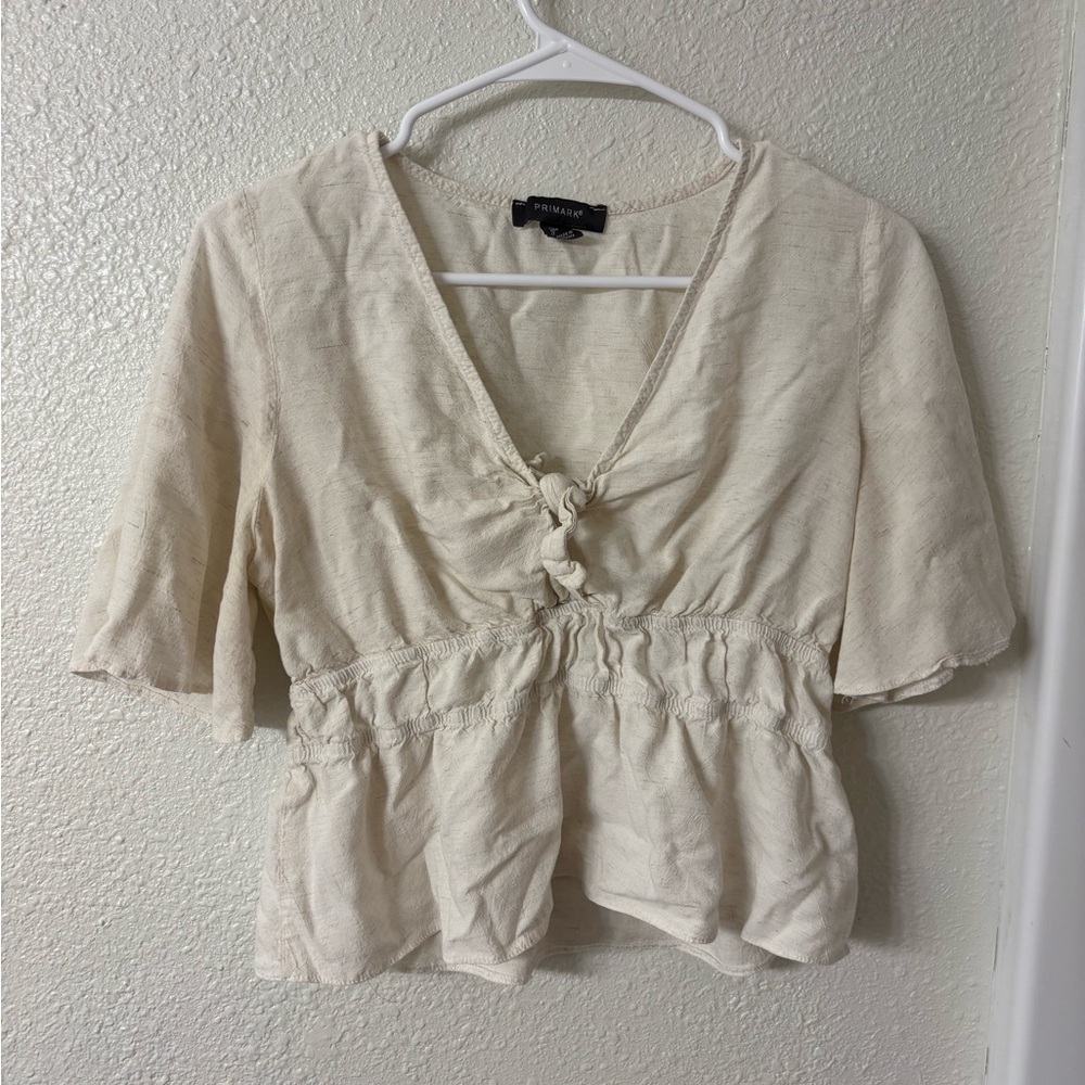 Primark Cream Peplum Blouse with 1/2 Sleeves and Tie Front